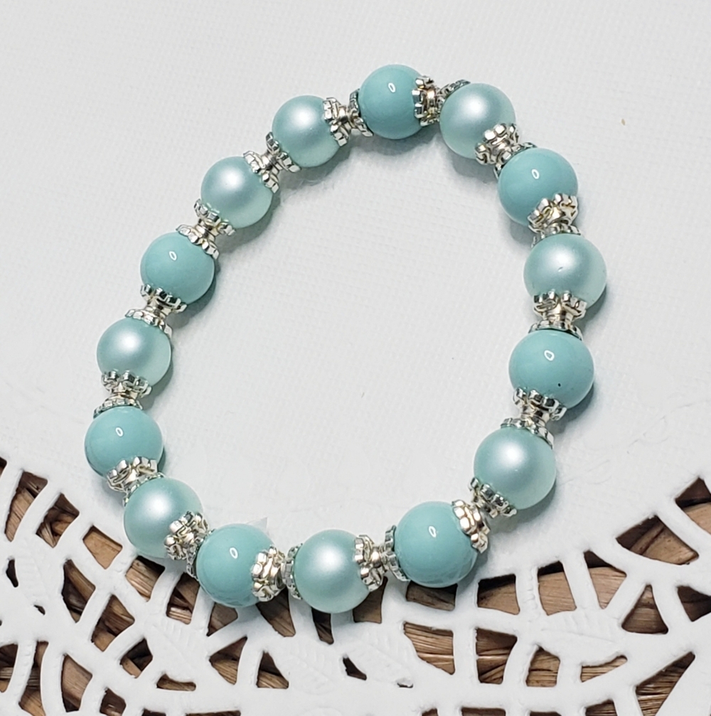 Elegant Sky Blue Glass Pearl Ceramic And Silver Stretch Beaded Bracelet 0093